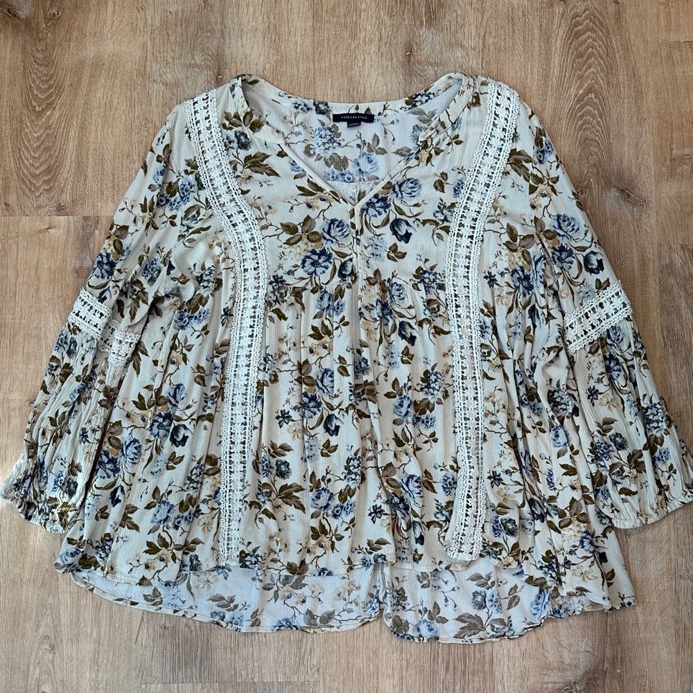 American Eagle Flowy Floral Lace Trim Long Sleeve Blouse